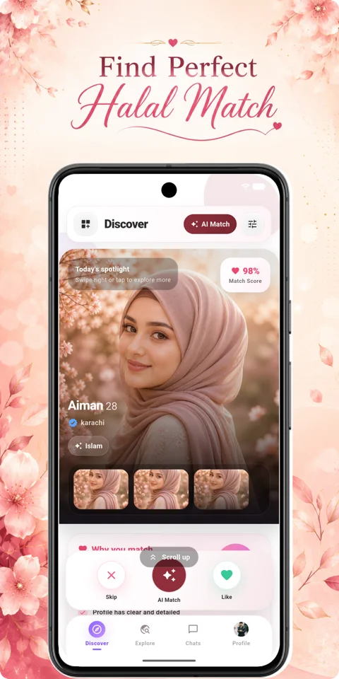 Matchra AI discover screen showing an AI match score
